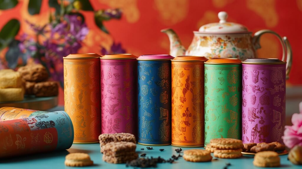 colorful custom tin packaging for teas