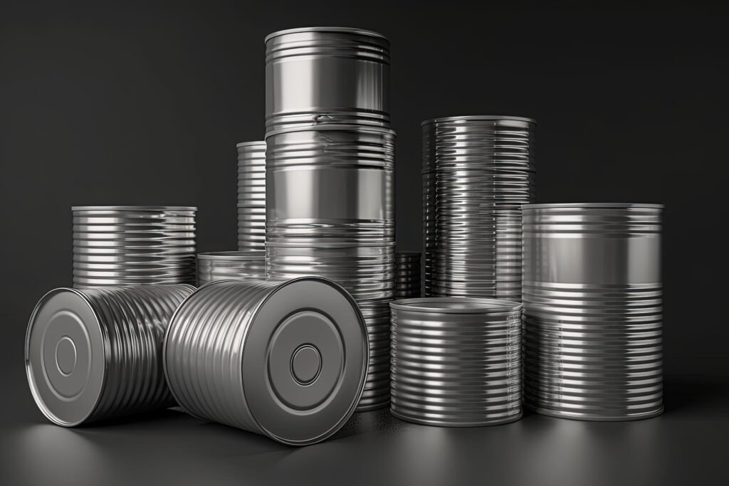 pile of metal bulk tins