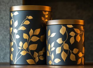 custom tin box with gold leaf design