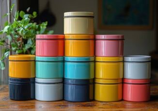stack-colorful-cylindrical-containers-wooden-table